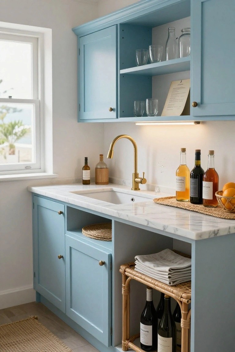 Light blue cabinets in a kitchen with white marble countertop, gold faucet over sink, liquor bottles and oranges on the counter, glasses on open shelves, and window showing sea view.