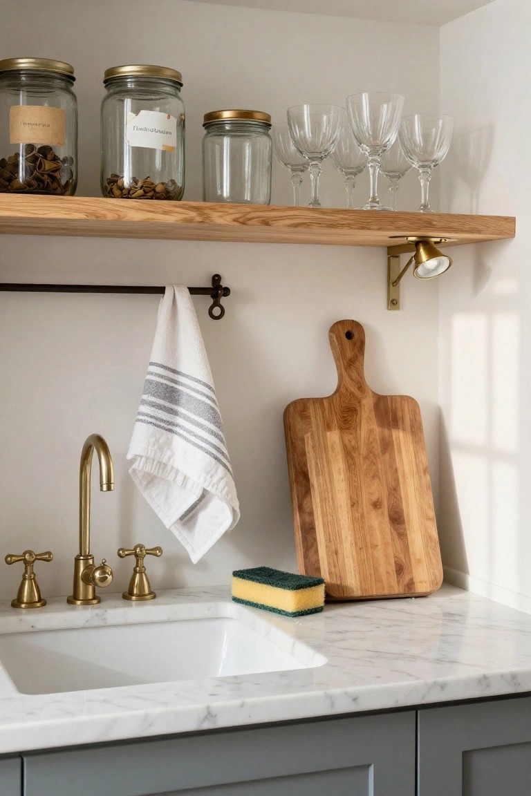 Kitchen sink area with white veined marble countertop, brass faucet and handles, yellow sponge, wooden cutting board propped up, striped dish towel on rail, and oak shelves above holding glass jars and wine glasses.