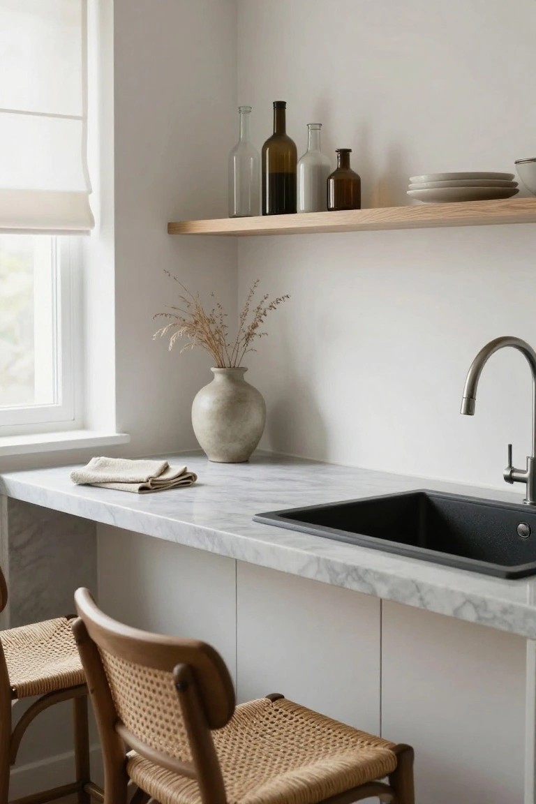 Minimalist kitchen interior with white marble countertop bar, black sink, two wooden barstools with rattan seats, wooden floating shelf holding glass bottles and plates, beige vase of dried grasses, and sheer window blind.