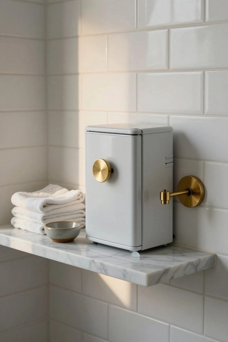 White rectangular appliance with gold knob on marble shelf in white subway tile bathroom corner, next to stacked white towels, ceramic bowl, and gold wall-mounted fixture.
