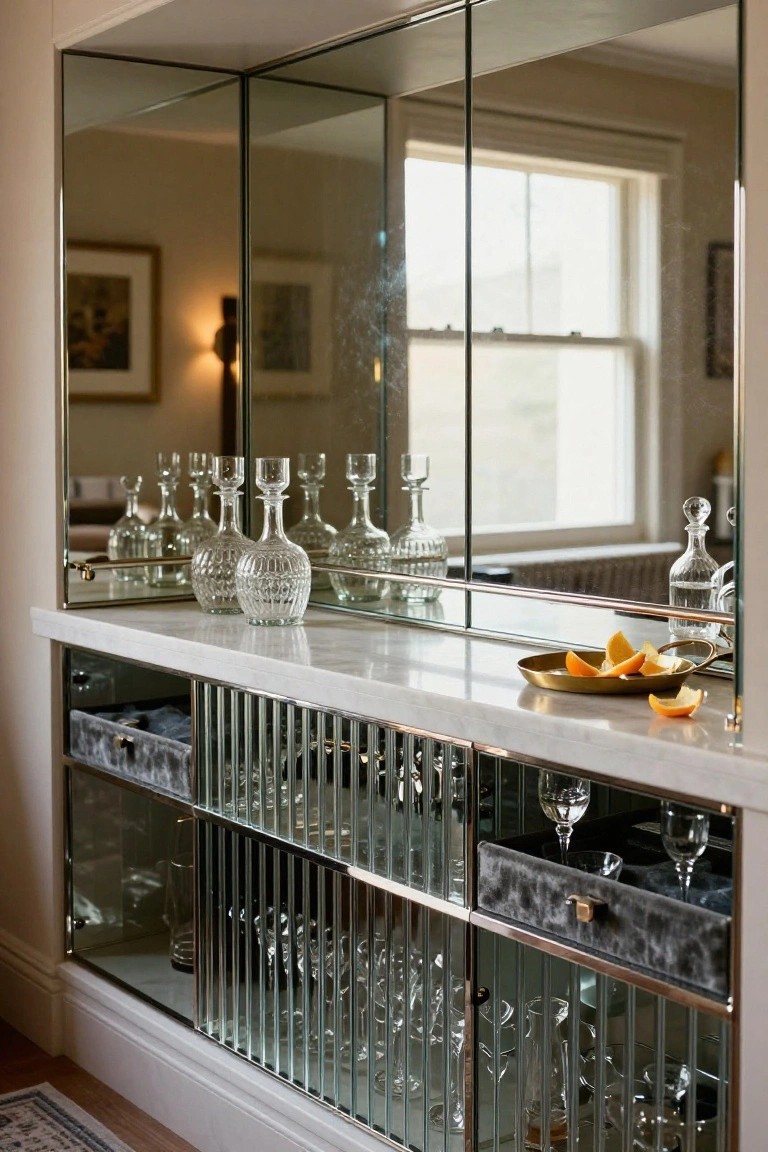 Marble bar countertop with crystal decanters, orange slices in a dish, and lower cabinets with glassware behind mirrored panels and chrome grilles.
