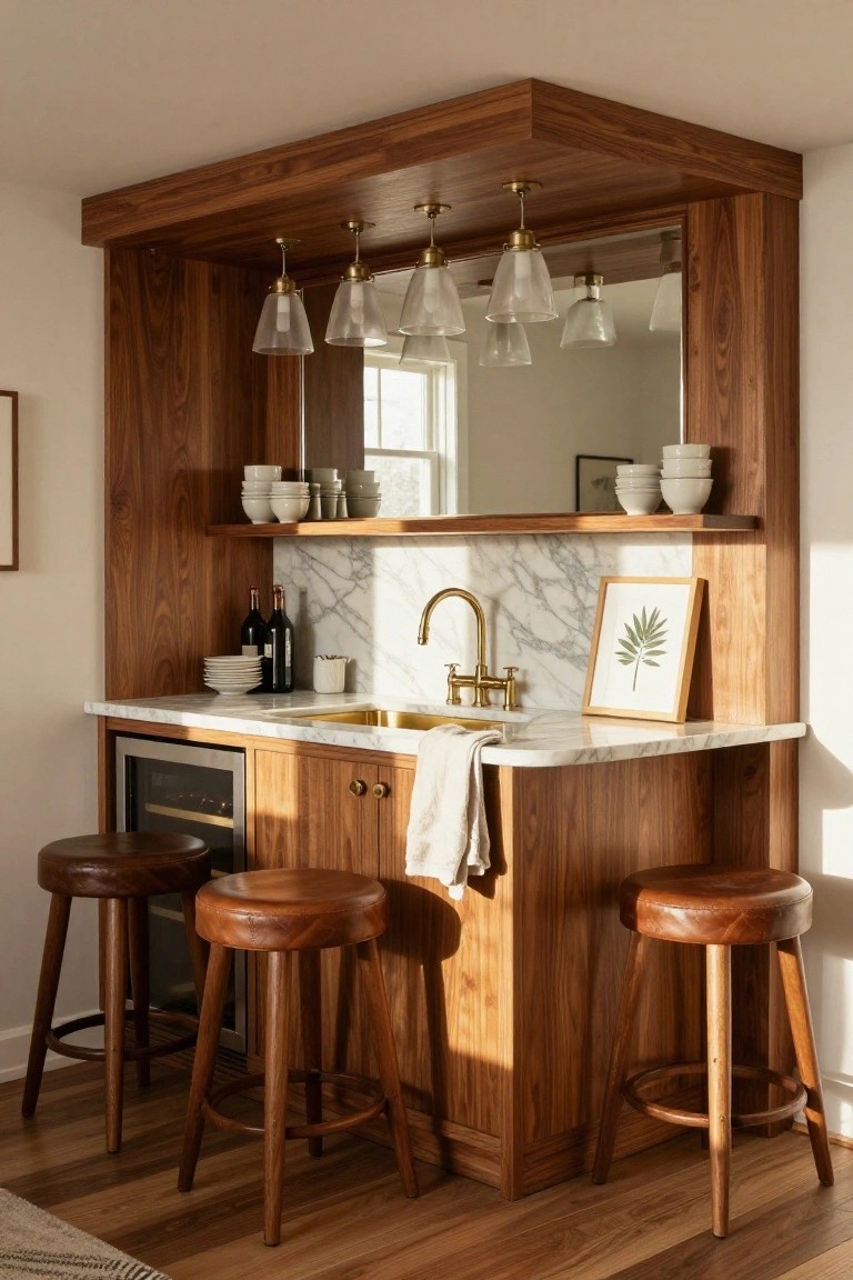 Corner indoor bar with walnut wood cabinetry and upper shelving, white marble countertop and backsplash with brass faucet and sink, integrated wine cooler, two leather barstools, and stacked dishware on shelves.