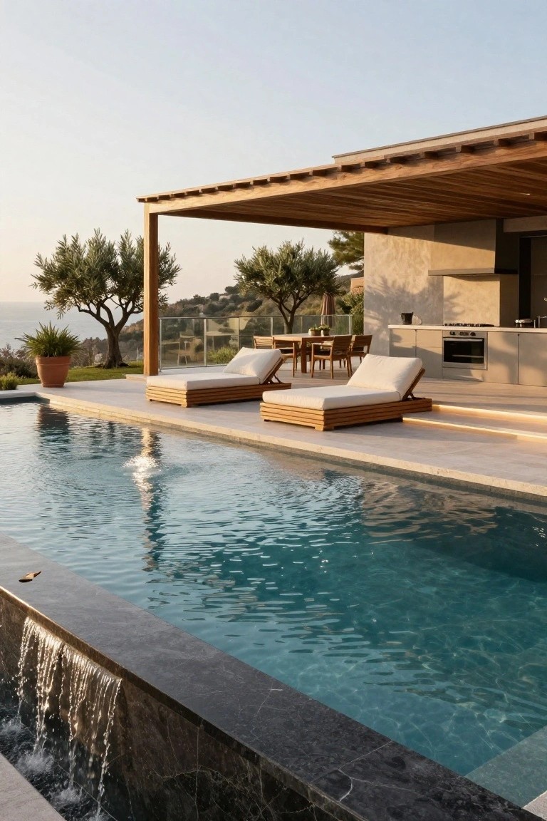 Rectangular swimming pool with dark marble coping featuring a waterfall overflow, wooden daybeds on adjacent deck under pergola, outdoor kitchen, olive trees, and hillside sea view.