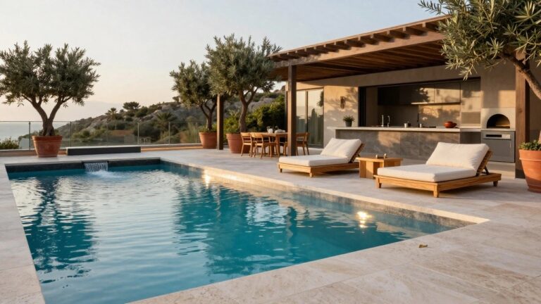 22 Dreamy Luxury Poolside Property Ideas Worth Bookmarking Rectangular swimming pool with dark marble coping featuring a waterfall overflow, wooden daybeds on adjacent deck under pergola, outdoor kitchen, olive trees, and hillside sea view.