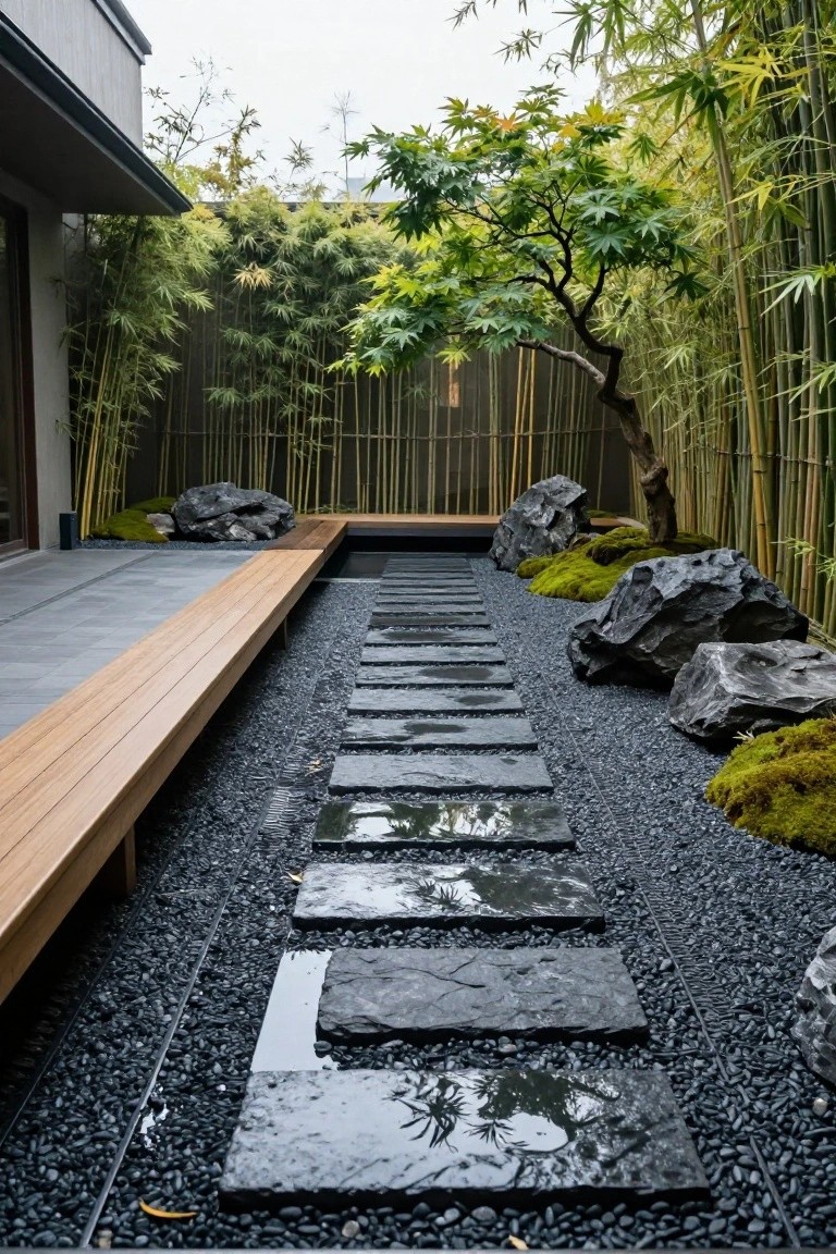 Modern wooden bench on a concrete terrace next to a pathway of irregular dark stone slabs set in black gravel, with large rocks, moss, bamboo screening, and a maple tree.