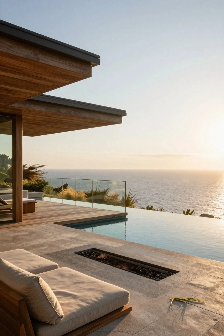 Wooden terrace deck with infinity-edge pool, linear built-in fire pit, beige outdoor loungers, and glass balustrade overlooking the ocean at sunset.