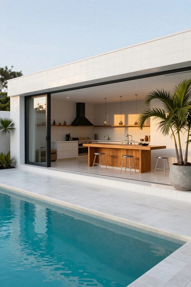 White tiled modern house exterior with open black-framed sliding doors revealing an indoor kitchen with wooden island and stools, adjacent to a turquoise pool edged in white tiles and surrounded by potted palms.
