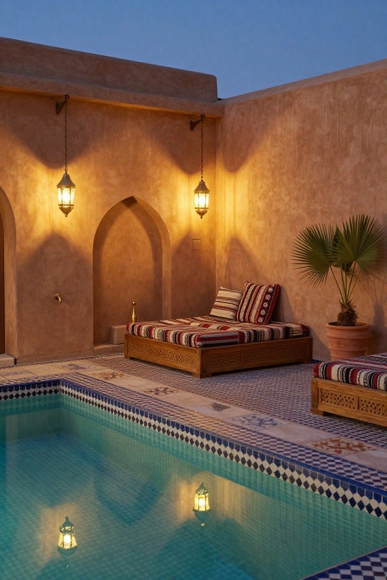 Outdoor poolside terrace featuring low wooden daybeds with colorful striped cushions, hanging metal lanterns, arched earthen walls, a palm plant in a terracotta pot, and a small turquoise-tiled pool with blue and white mosaic edges at dusk.
