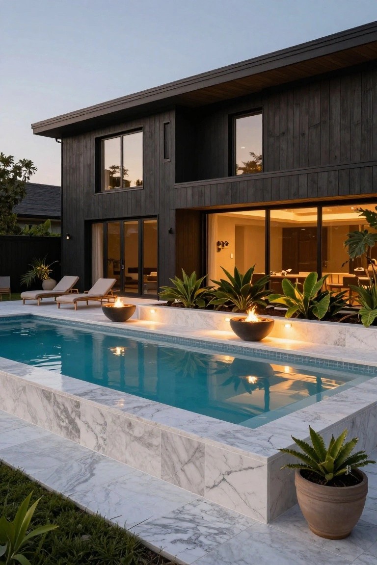 Modern black timber house with large glass doors opening to a rectangular infinity-edge pool with white marble surround, flanked by two black fire bowls, lounge chairs, potted plants, and tropical greenery at dusk.