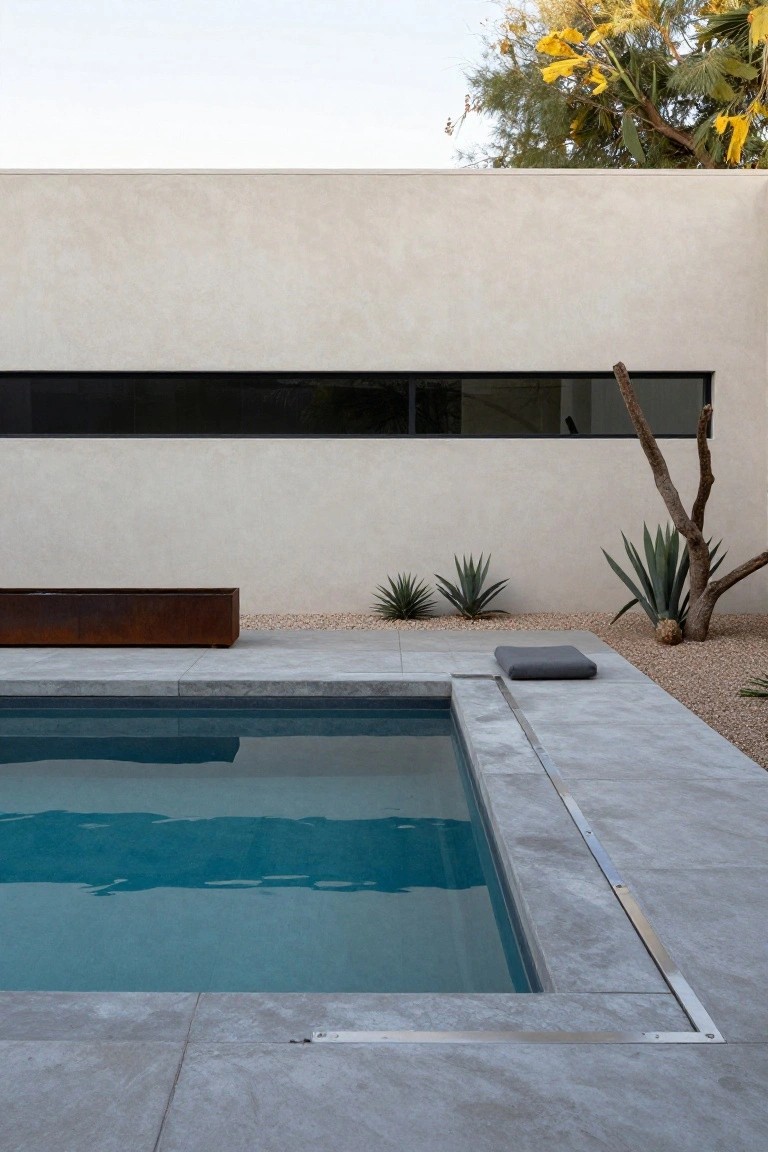 A rectangular pool with turquoise water and gray concrete decking edged in metal, next to a rust metal planter box, gray cushion, agave plants in gravel, beige stucco wall with horizontal black window, and desert trees.