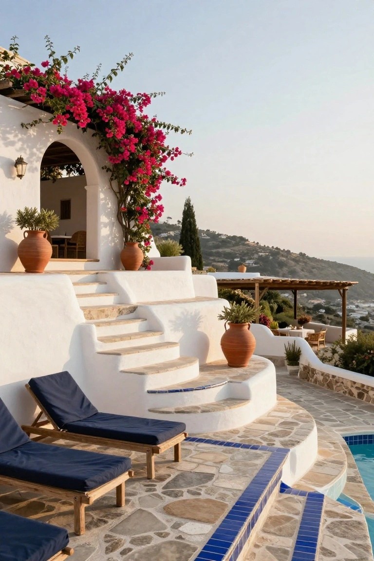 White stucco terraces with curved steps descending to a blue-tiled pool edge, two wooden chaise lounges with blue cushions on pebbled flooring, terracotta pots, and pink bougainvillea climbing arches, set against a hillside with sea view.