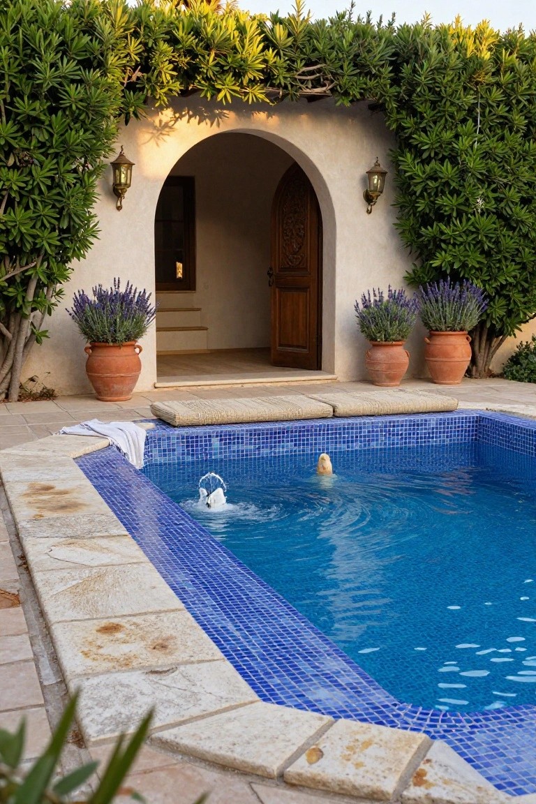 Small rectangular pool with blue mosaic tiles next to a beige stucco house featuring an arched wooden door, flanked by large terracotta pots of lavender, overhead greenery, wall lanterns, and beige cushions on the pool edge.