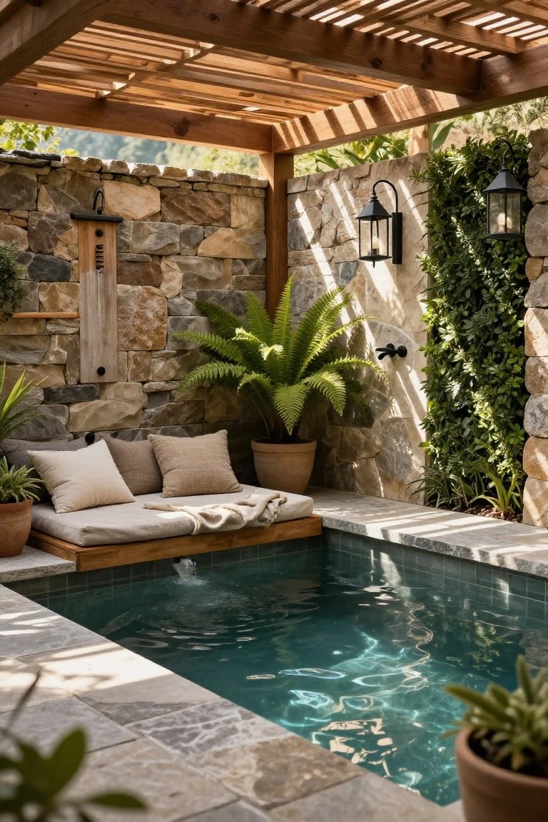 Small turquoise pool with raised wooden daybed platform edged in cushions along one side, stone walls with climbing plants and lanterns, wooden pergola overhead, and potted greenery around.