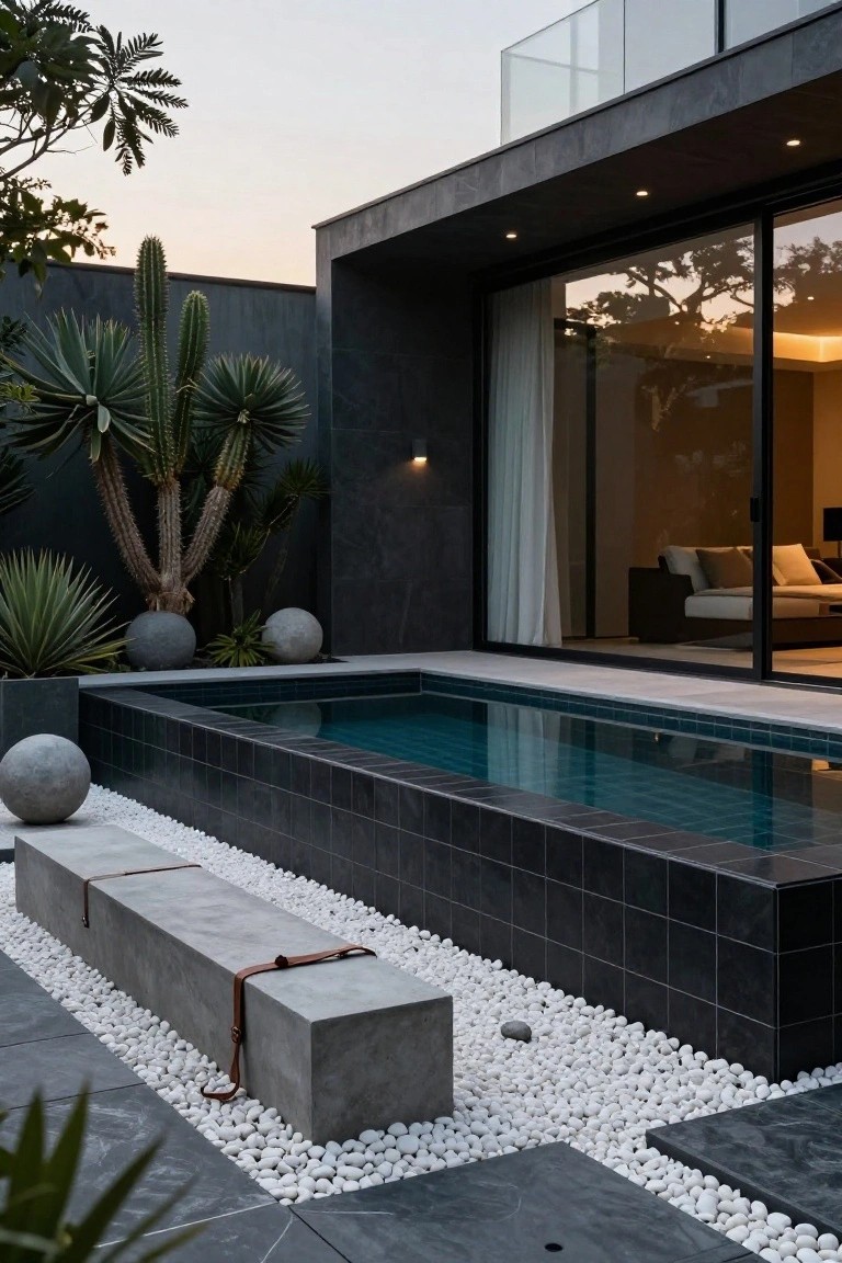 Sleek black-tiled infinity-edge pool with adjacent concrete bench strapped in leather on white pebble ground, flanked by large concrete spheres and desert plants like cacti and agave, next to a modern glass-walled house at dusk.