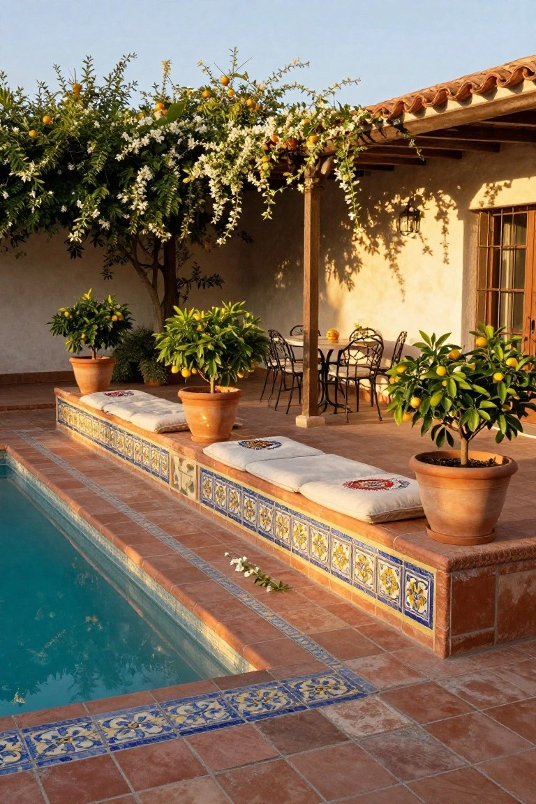 Poolside terrace featuring built-in cushioned benches along the tiled edge, potted lemon trees in terracotta pots, outdoor table and chairs under a wooden pergola, with white adobe walls and orange trees overhead.