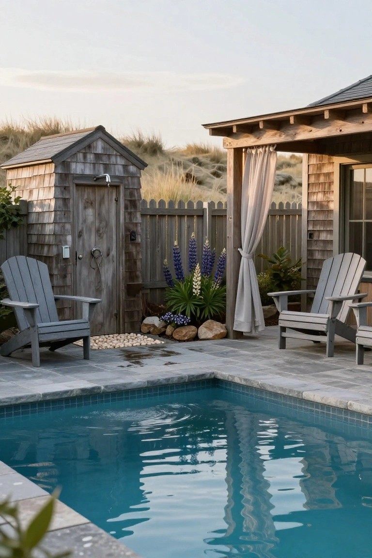 Small turquoise pool with gray slate surround, gray Adirondack chairs nearby, rustic shingled outdoor shower hut with wooden door, potted plants and lupines, pergola with sheer curtains, and sand dunes in background.