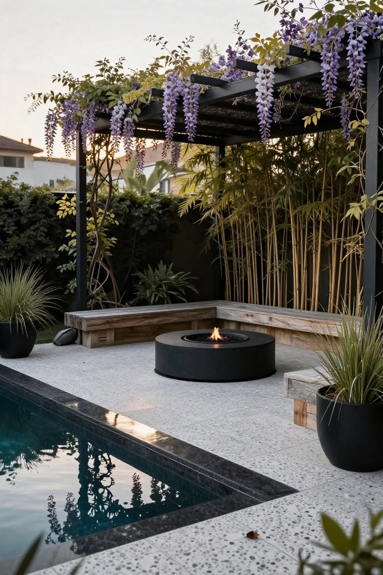 Poolside paved terrace with black metal pergola covered in purple wisteria vines, L-shaped wooden bench around a lit black round fire pit, bamboo screen, potted grasses, and dark pool edge at dusk.