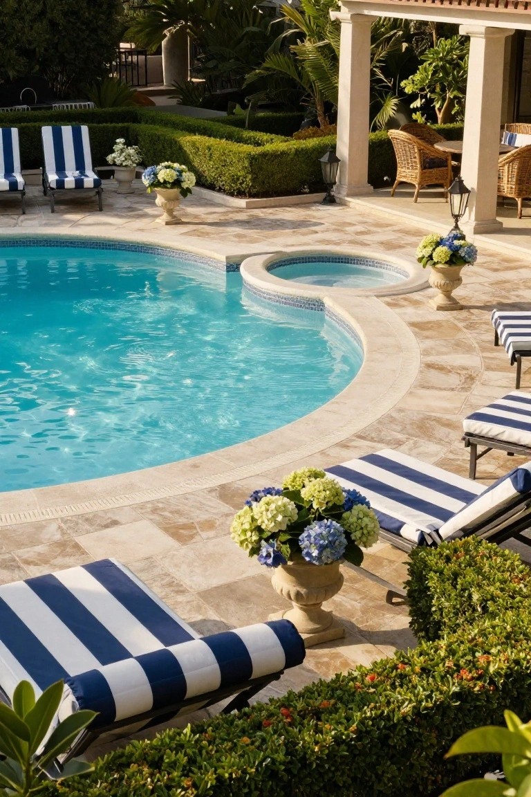 Curved turquoise pool with attached spa on beige travertine deck surrounded by blue-and-white striped chaise lounges, potted hydrangeas, boxwood hedges, and distant palms.