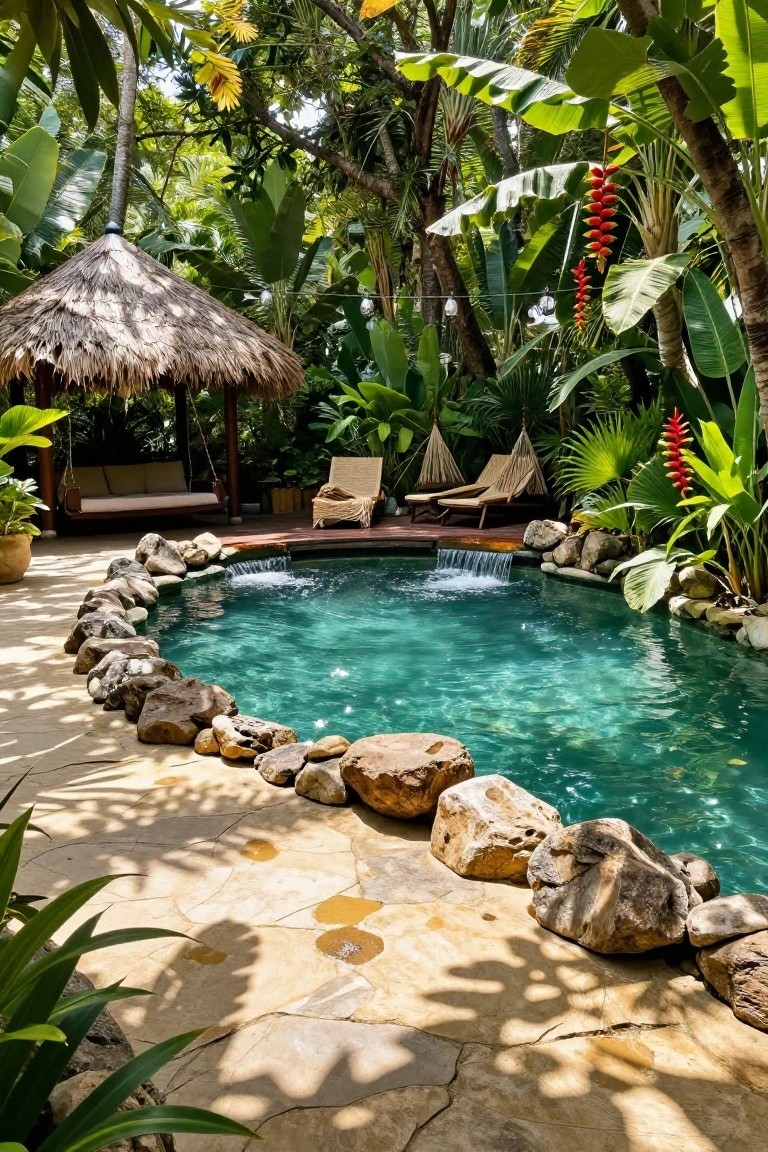 Oval turquoise pool edged with natural rocks and featuring a small waterfall from a wooden deck, surrounded by tropical plants, with a thatched pavilion, lounge chairs, and hammocks nearby.