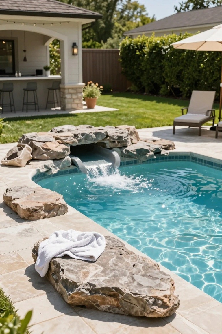 A turquoise pool with a waterfall cascading from stacked natural rocks into the water, surrounded by beige deck pavers, large rocks along the edge, a white towel draped on one, a lounge chair nearby, and an outdoor bar structure in the background.
