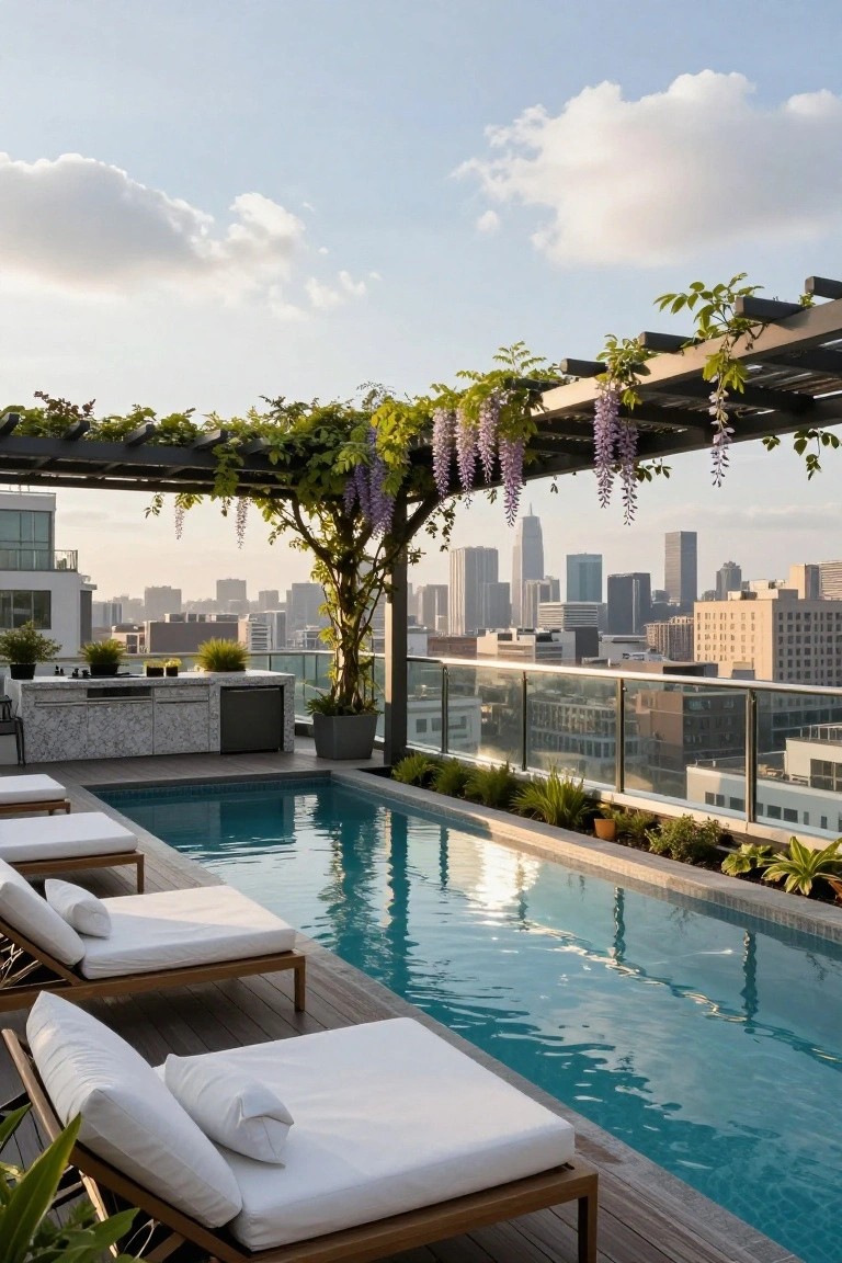 Rooftop terrace with narrow turquoise pool, wooden loungers with white cushions, vine-covered metal pergola with purple wisteria flowers, outdoor kitchen counter, potted plants, and city skyline view in the background.