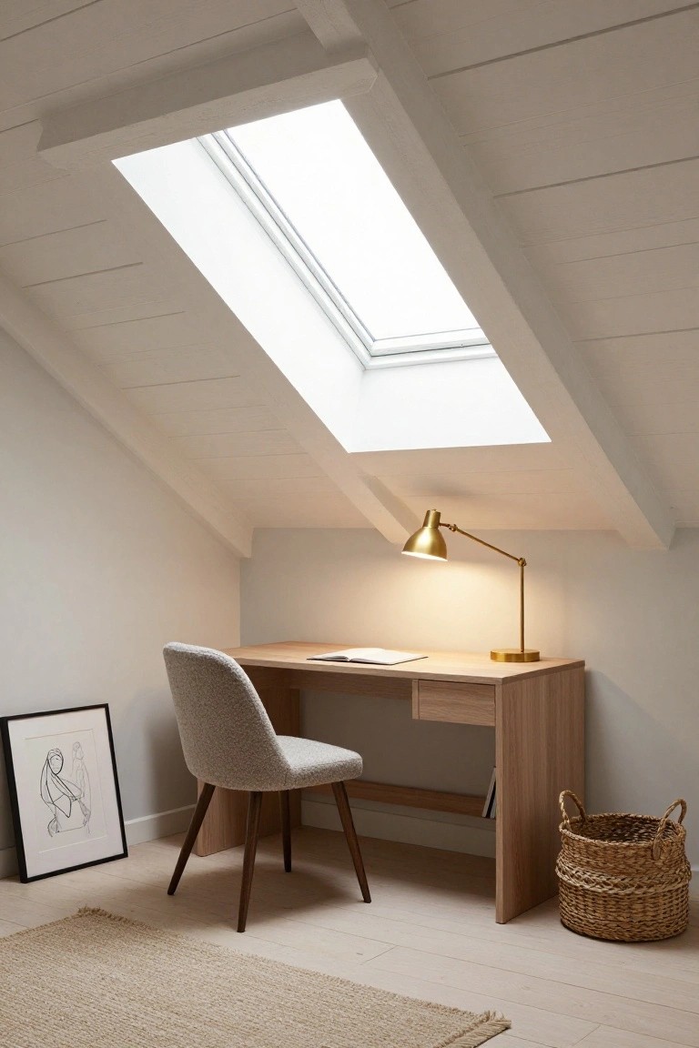 Attic home office with sloped white ceiling, skylight overhead, wooden desk, bouclé chair, gold desk lamp, black-framed line drawing, and woven storage basket on light wood floor.