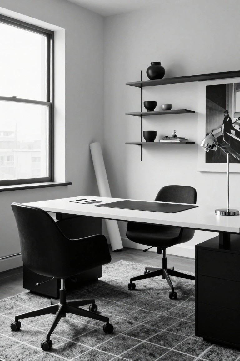 Black-and-white photo of a minimalist home office with white desk, black leather chairs, floating black wall shelves holding ceramics, black cabinet, rolled paper tube, and window overlooking buildings.