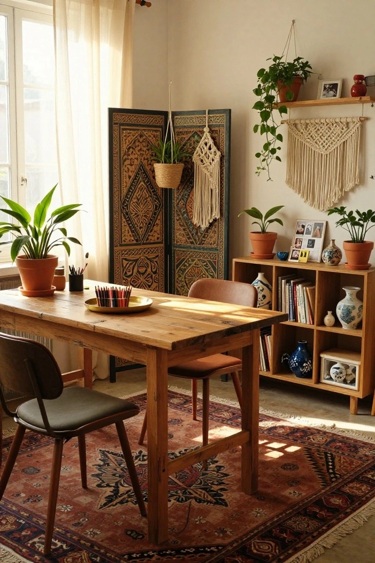 Sunlit indoor home office with a rustic wooden desk and two vintage chairs on a patterned rug, flanked by a black-and-gold carved folding screen, numerous potted plants, macrame wall hangings, and wooden shelves holding vases and books.