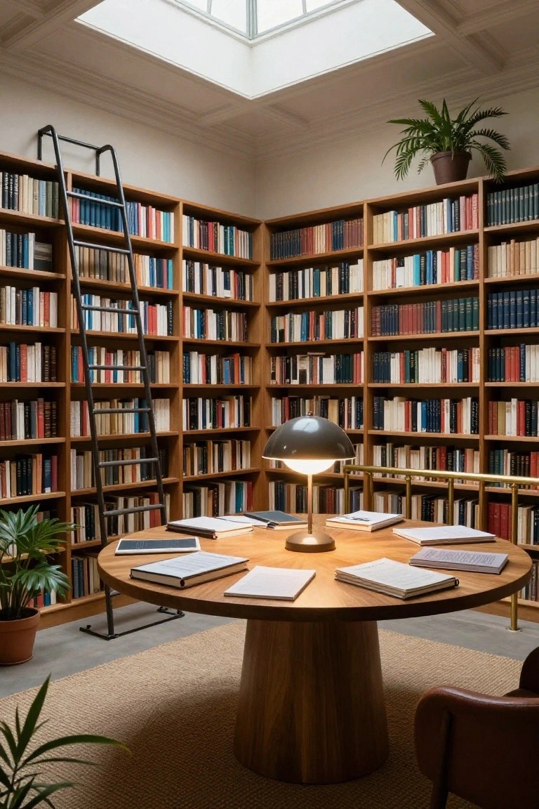 Wood-paneled library room with floor-to-ceiling bookshelves, black rolling ladder, central round wooden table holding open books and a lit lamp, potted plants, leather chair, and skylight above.