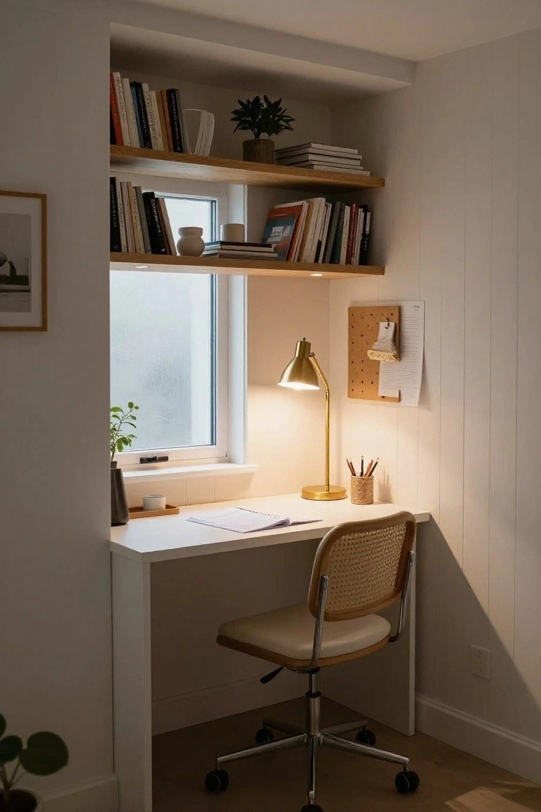 Compact white desk in a wall alcove with wooden shelves holding books and plants above, gold desk lamp, rattan chair, potted greenery, and frosted window.