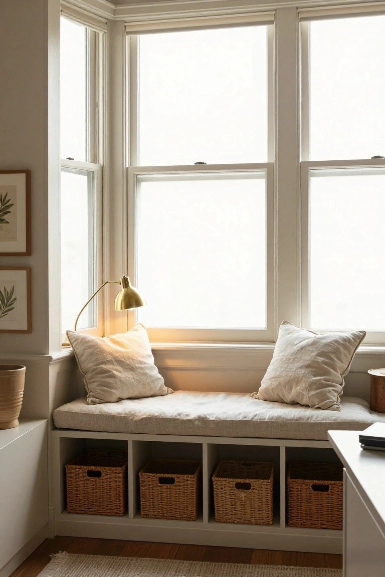 Light beige built-in window bench seat with cream cushions and pillows in a bay window nook, gold arc lamp nearby, wicker baskets in white cubby storage below, framed botanical art on walls, and a desk adjacent in a neutral room with hardwood floors.