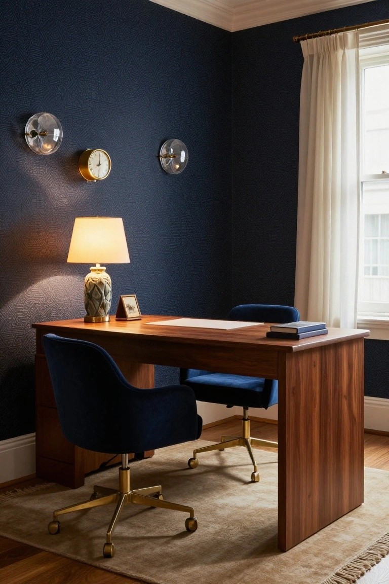 A corner home office with textured navy blue walls, large rectangular walnut desk, two blue velvet chairs with gold bases, ceramic table lamp, brass wall clock, glass sconces, and window with white curtains.