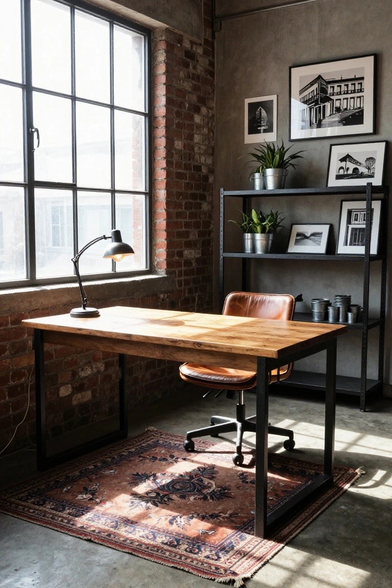 Home office with exposed brick walls, large wooden desk on black metal legs, tan leather armchair, black metal shelving unit holding plants and tins, large multi-pane windows, desk lamp, and patterned rug on concrete floor.