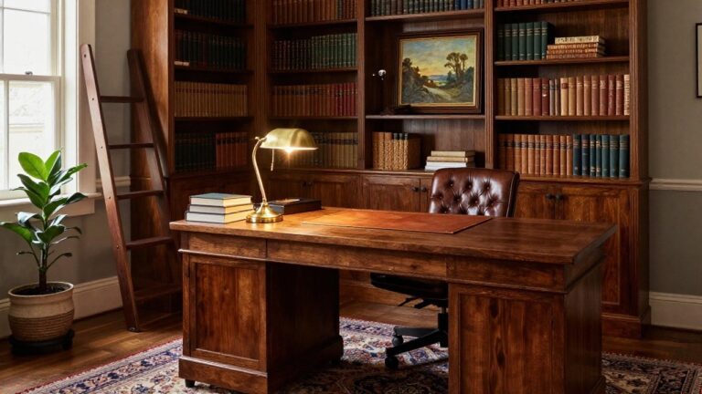 Home office interior with extensive floor-to-ceiling wooden bookshelves filled with colorful books, wooden desk topped with leather blotter and brass lamp, two tufted leather armchairs, potted plant in basket, and window with sheer light.