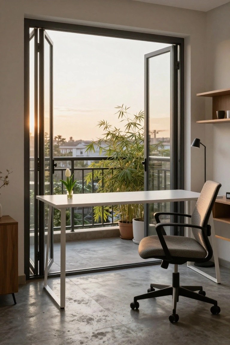 Minimalist home office with white metal desk and ergonomic chair, black folding glass doors open to a balcony with potted bamboo and tulips on the desk, wooden shelves, and urban sunset view beyond.