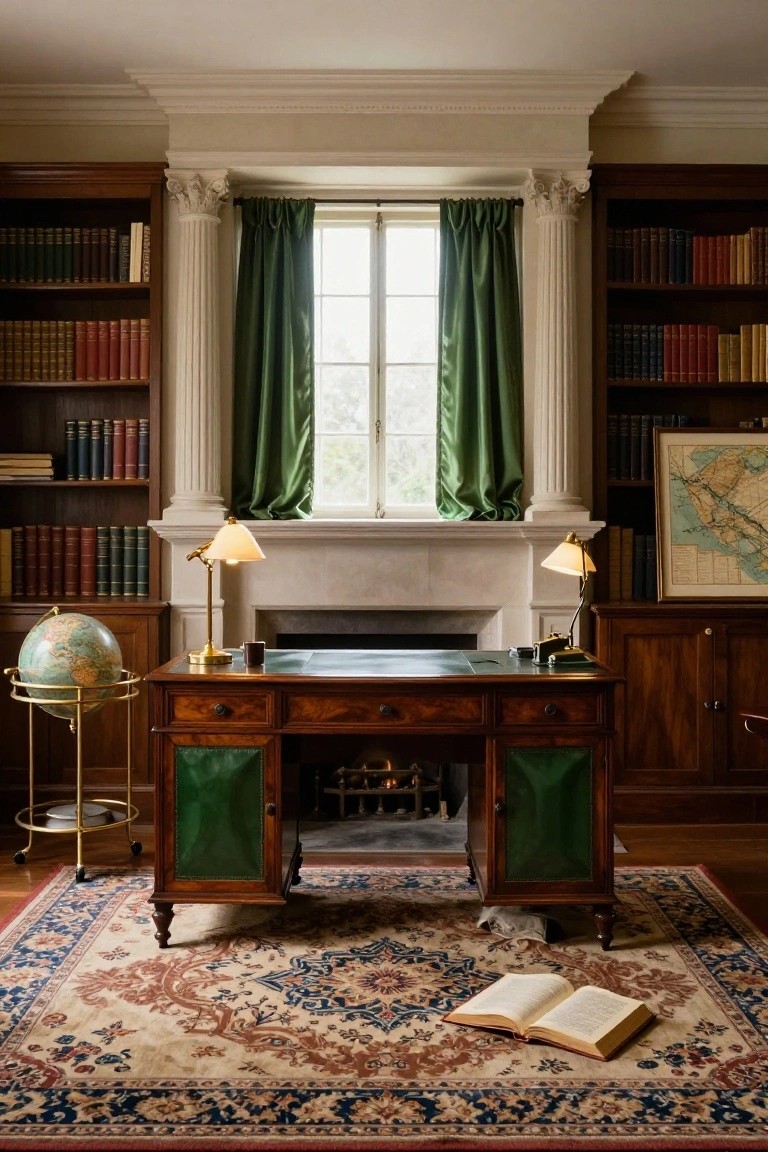 Upscale home office with symmetrical wooden bookshelves flanking a window with green curtains, a central wooden desk featuring green leather panels, a stone fireplace, brass desk lamps, a globe stand, and a patterned rug with an open book.