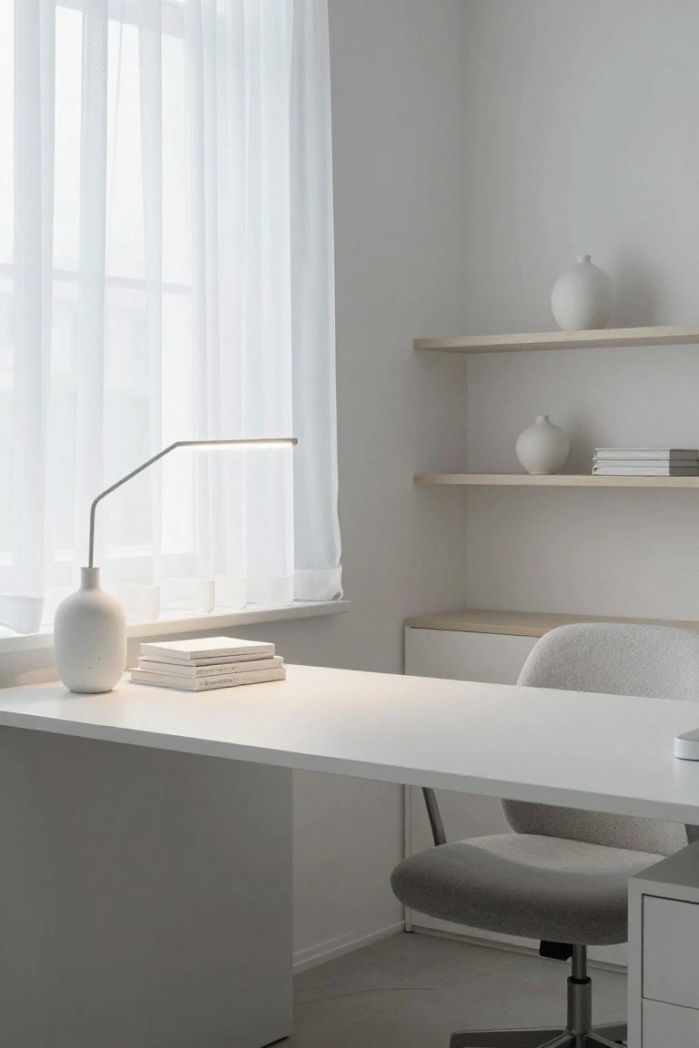 Minimalist home office corner with white desk, slim white arm lamp on vase base, floating oak shelves holding white ceramics and books, gray upholstered swivel chair, sheer white curtains on window, white cabinetry, and light gray walls and floor.