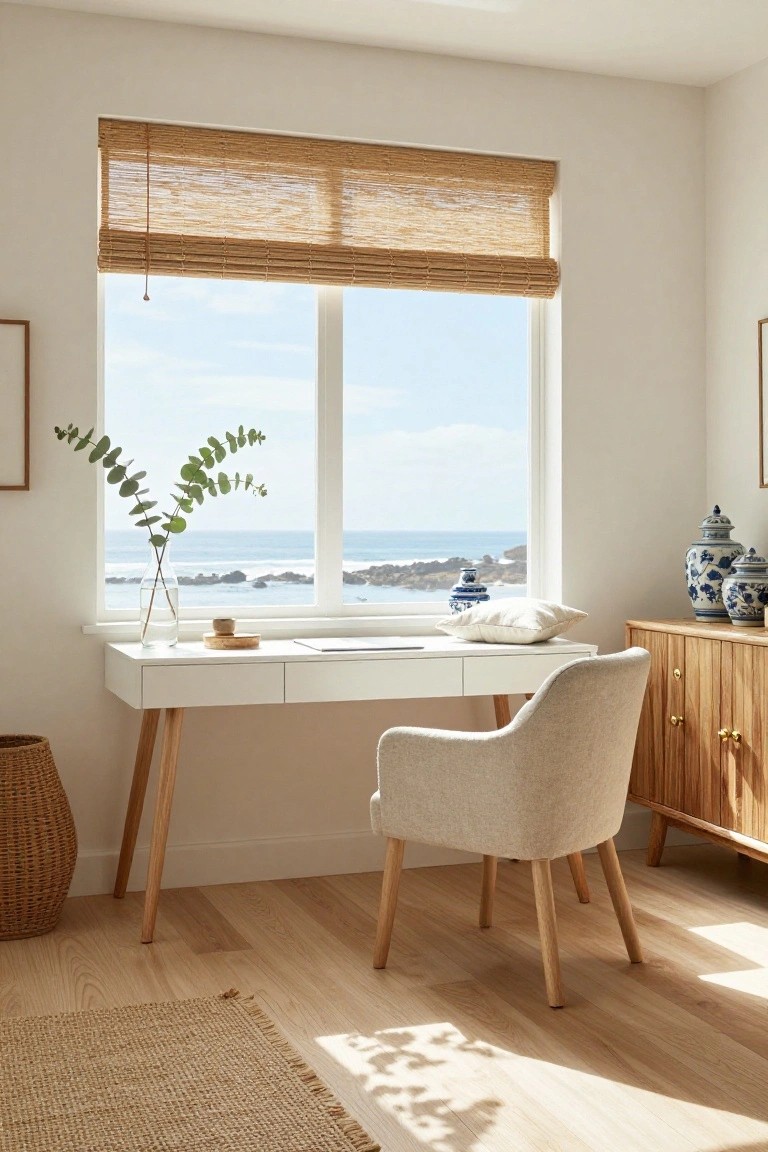 White desk with drawers and wooden legs next to a large window with bamboo blinds overlooking ocean waves, beige upholstered chair, wooden credenza with blue and white vases, seagrass basket on light wood floor.