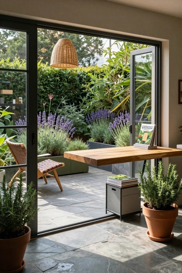 Sliding glass doors open from an indoor space to a slate patio with a floating wooden desk, woven chair, potted rosemary plants, metal file cabinet, magazines, and a garden backdrop of lavender, palms, and hedges.
