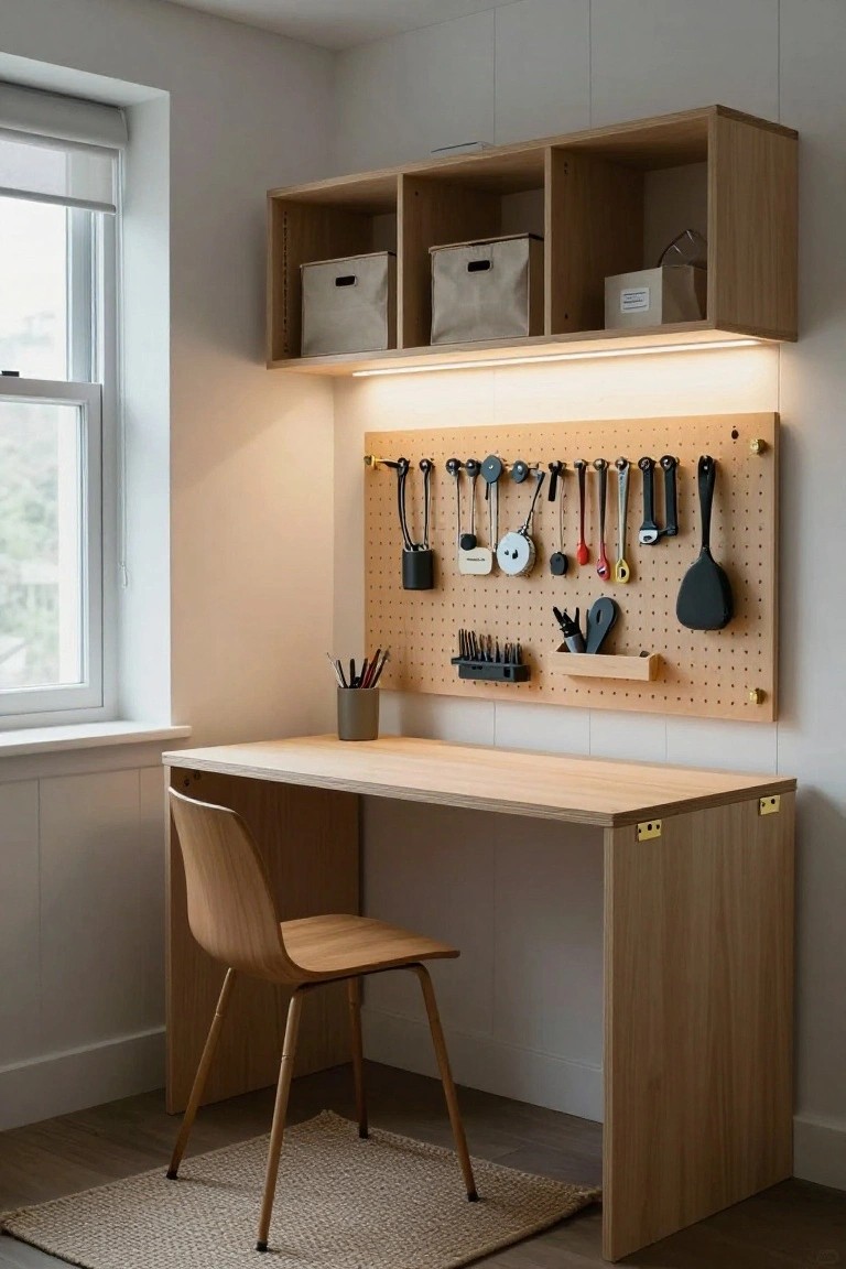 Light wooden home office desk and chair below a pegboard wall holding tools and utensils, with upper wooden shelves and a window nearby.