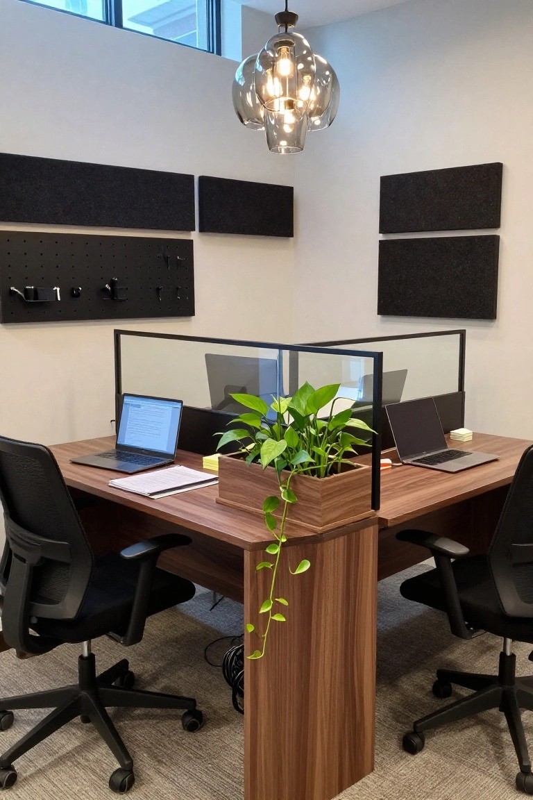 Modern office nook with two wooden desks holding laptops, separated by black metal-framed glass dividers, a wooden box planter with green trailing plant on the central desk extension, black mesh chairs, acoustic panels on walls, and a blown glass pendant light overhead.