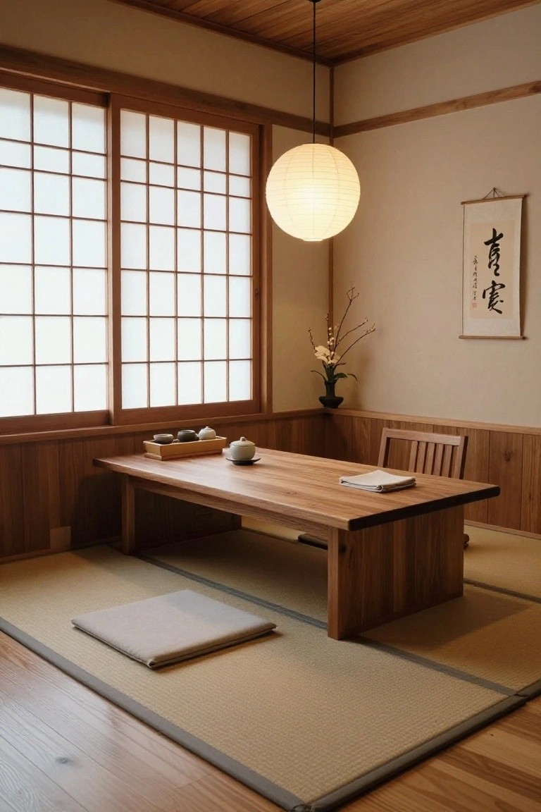 Japanese-style interior room with tatami mats on the floor, low wooden table holding a tea set and cloth, shoji screen windows, paper lantern light, wooden walls and chair, and wall scroll.