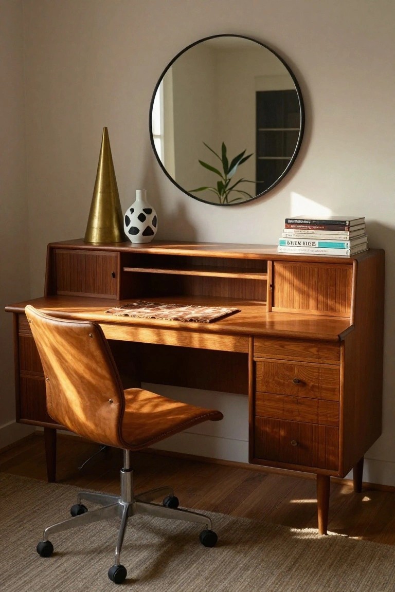 Teak wood desk with slatted cabinet doors and open center shelf, topped with books and a woven mat, paired with tan leather swivel chair in a beige room with round black mirror and gold cone vase.