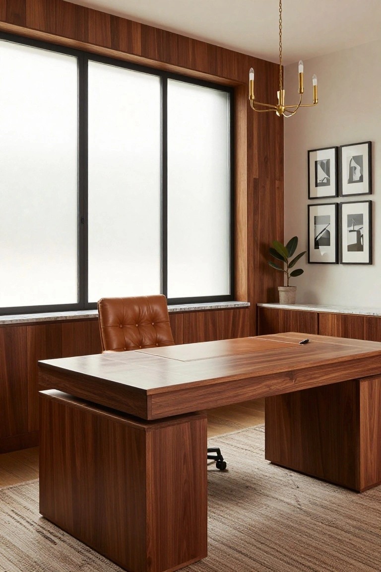 Modern home office featuring walnut wood paneling on walls and built-in desk with storage, tan leather desk chair on wheels, frosted sliding windows, gold chandelier, and black-framed art on wall.