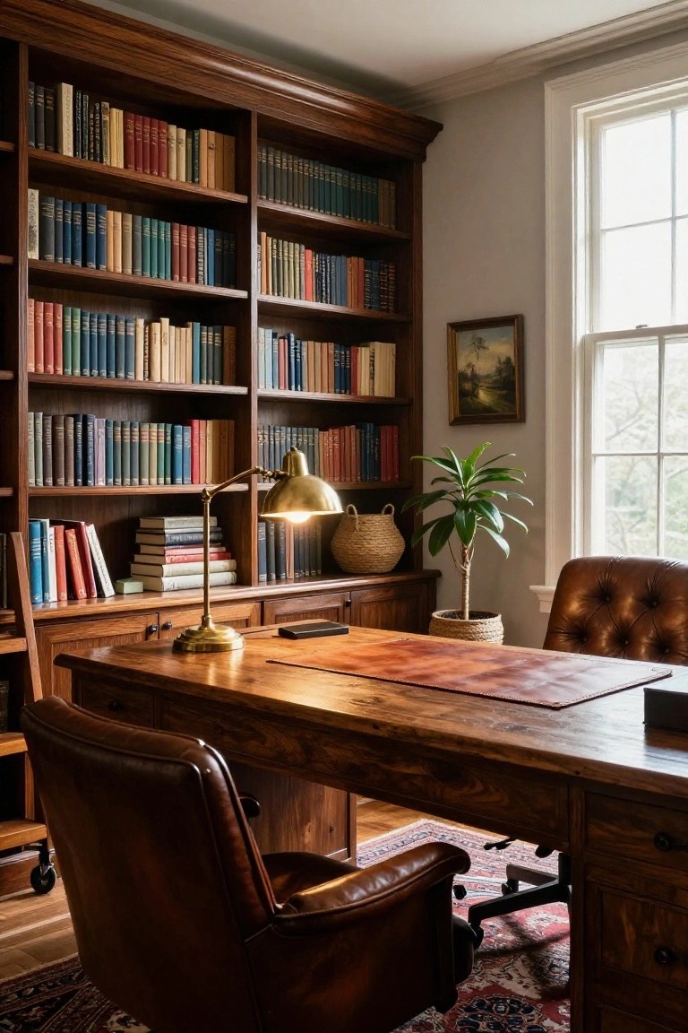 Home office interior with extensive floor-to-ceiling wooden bookshelves filled with colorful books, wooden desk topped with leather blotter and brass lamp, two tufted leather armchairs, potted plant in basket, and window with sheer light.