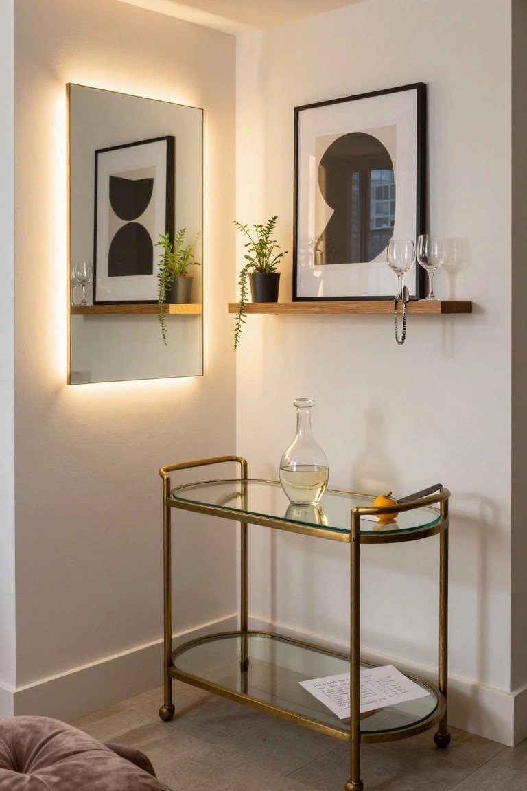 Corner of a white-walled room with a backlit rectangular mirror, wooden shelf holding wine glasses and plants, abstract black-and-white artwork, gold bar cart with clear bottle, orange, knife and paper, and purple velvet pouf on wood floor.