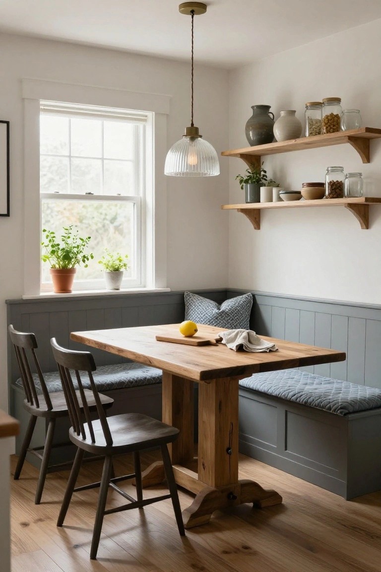 Kitchen corner dining nook with gray paneled built-in benches topped by blue cushions, wooden trestle table, two dark wood chairs, brass pendant light, open wood shelves holding jars and pottery, and potted plants on windowsill and sill.