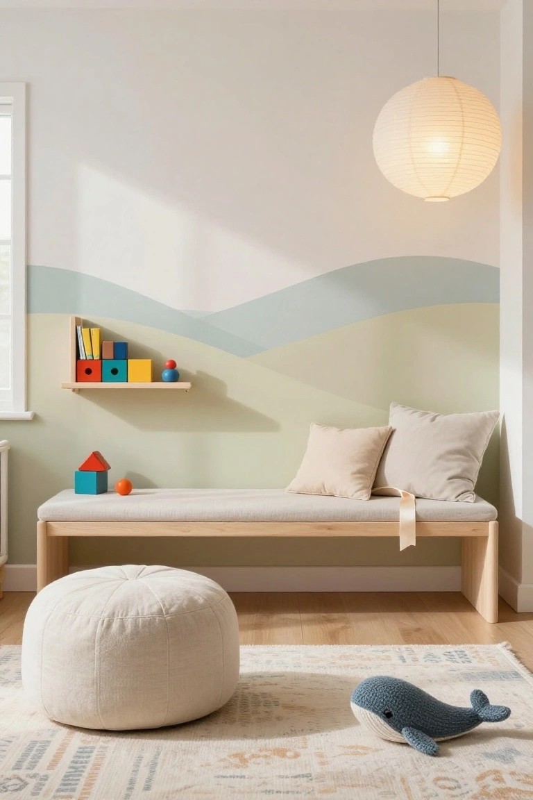 Children's room corner with light wooden bench holding beige cushions, white fabric pouf on floor nearby, colorful wooden blocks and toys, shelves on pastel wavy green wall, knit whale plush on beige rug with blue accents.