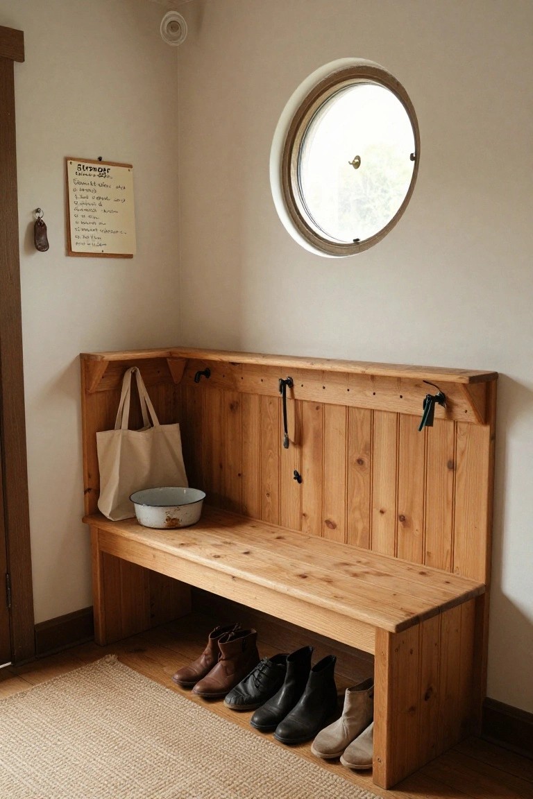 Corner wooden bench built into a white room wall with shoes and boots stored underneath, a beige canvas tote bag and blue enamel basin on the seat, black hooks with straps and keys above, a chalkboard list nearby, and a round porthole window.