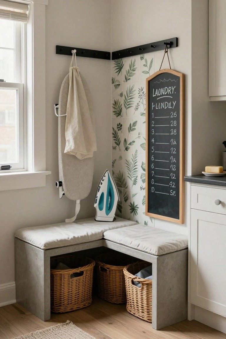 Laundry room corner with L-shaped cushioned concrete benches, wicker baskets stored underneath, an ironing board and iron nearby, and a chalkboard sign on a green leaf wallpapered wall.
